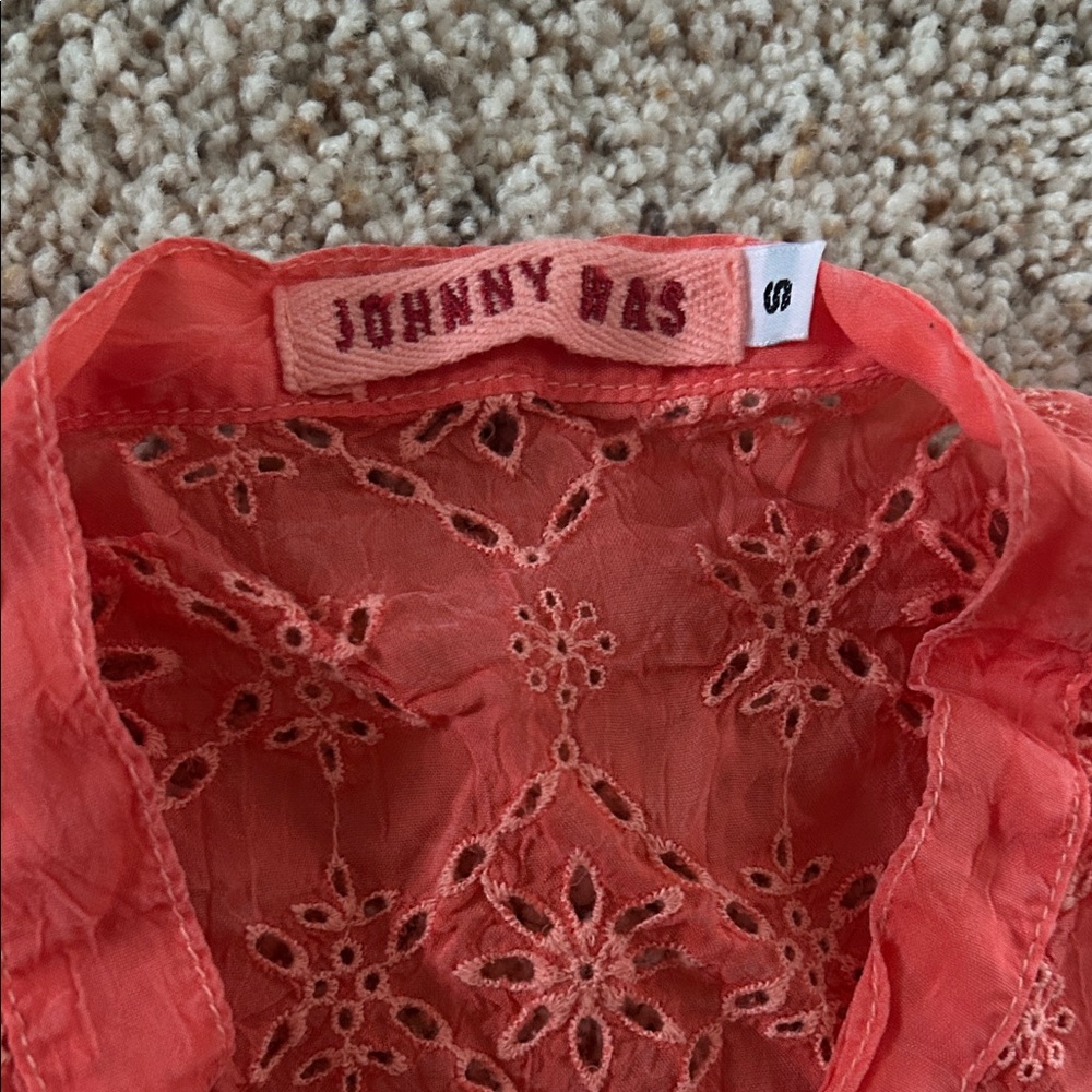 Johnny Was Coral Orange 3/4 Sleeve Floral Eyelet Blouse Shirt Top **Size S** 🌸🌸 - Picture 5 of 5